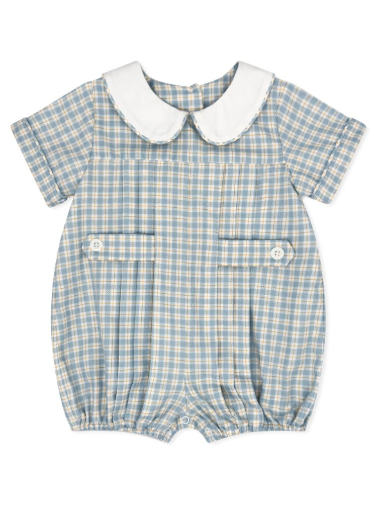 Blue checkered baby romper with white collar on a white background