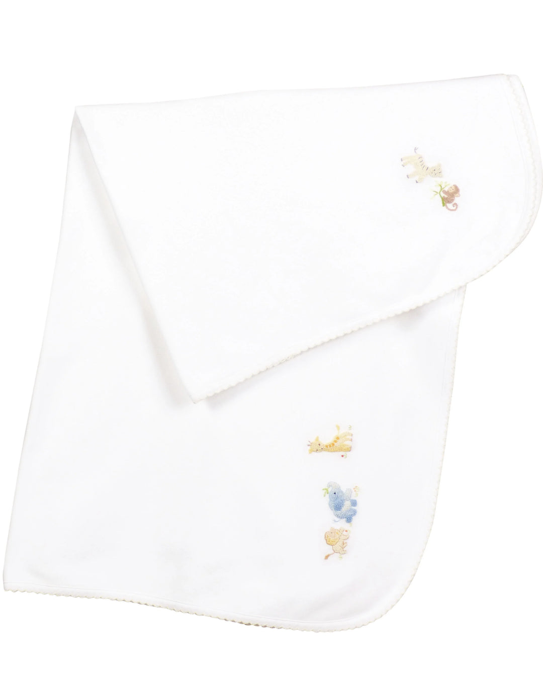 White baby blanket with embroidered designs on a white background