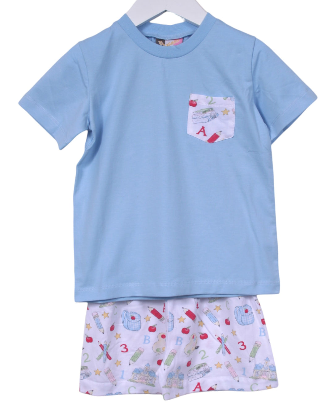 Children's blue t-shirt with a pocket and colorful shorts on a white background