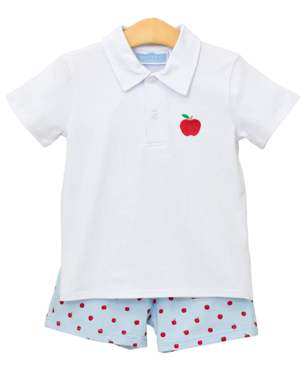Apple Print Polo Boys Blue Short Set, That Store, front