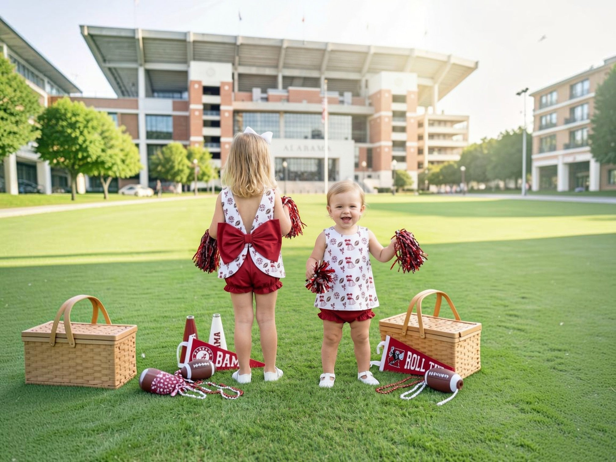 Two young girls in Alabama Crimson Tide themed cheerleader outfits stand on a grassy field with a stadium in the background. One girl is shown from the back wearing a white top with a large red bow and red shorts, while the other faces forward in a white patterned top and red shorts, that store