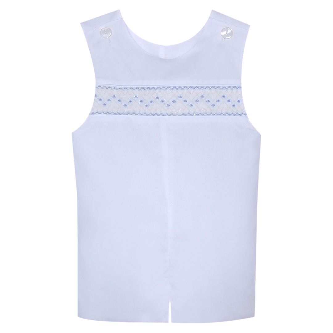 Smocked Graham White with Blue Shortall, front