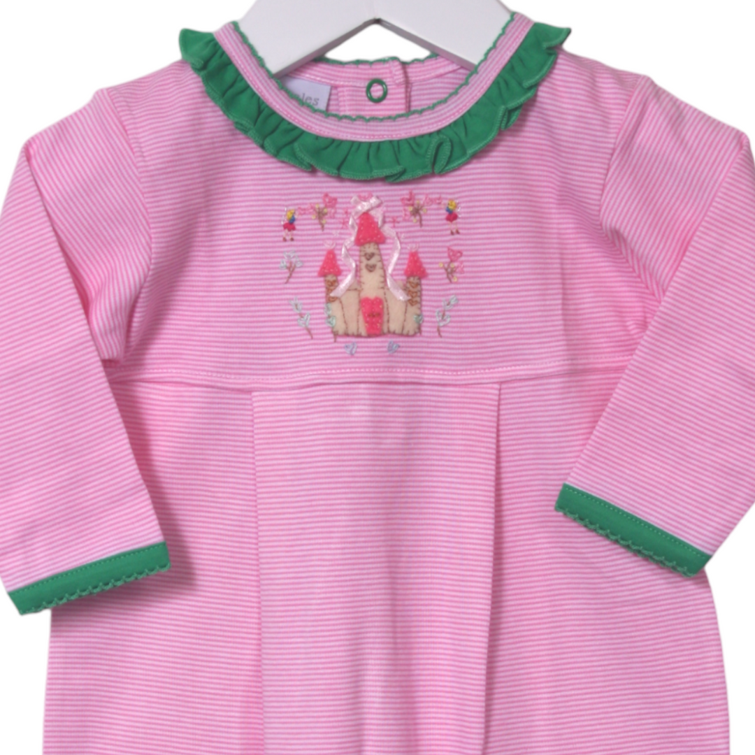 Squiggles Princess Castle Pink Stripe Romper, close up