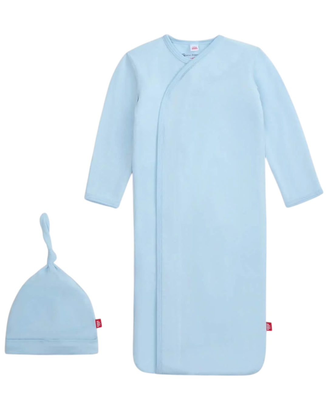 Light blue baby wrap and hat set on a white background