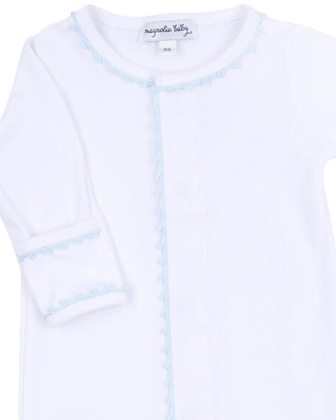 White baby cardigan with light blue trim on a white background