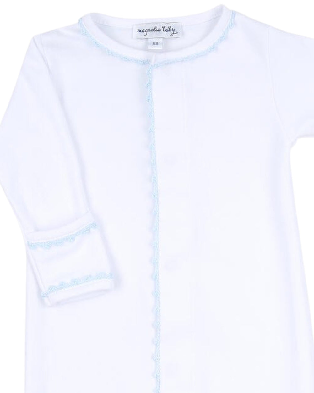 White baby onesie with blue trim on a white background
