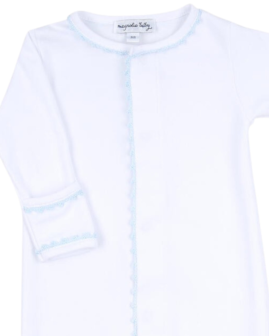 White baby onesie with blue trim on a white background