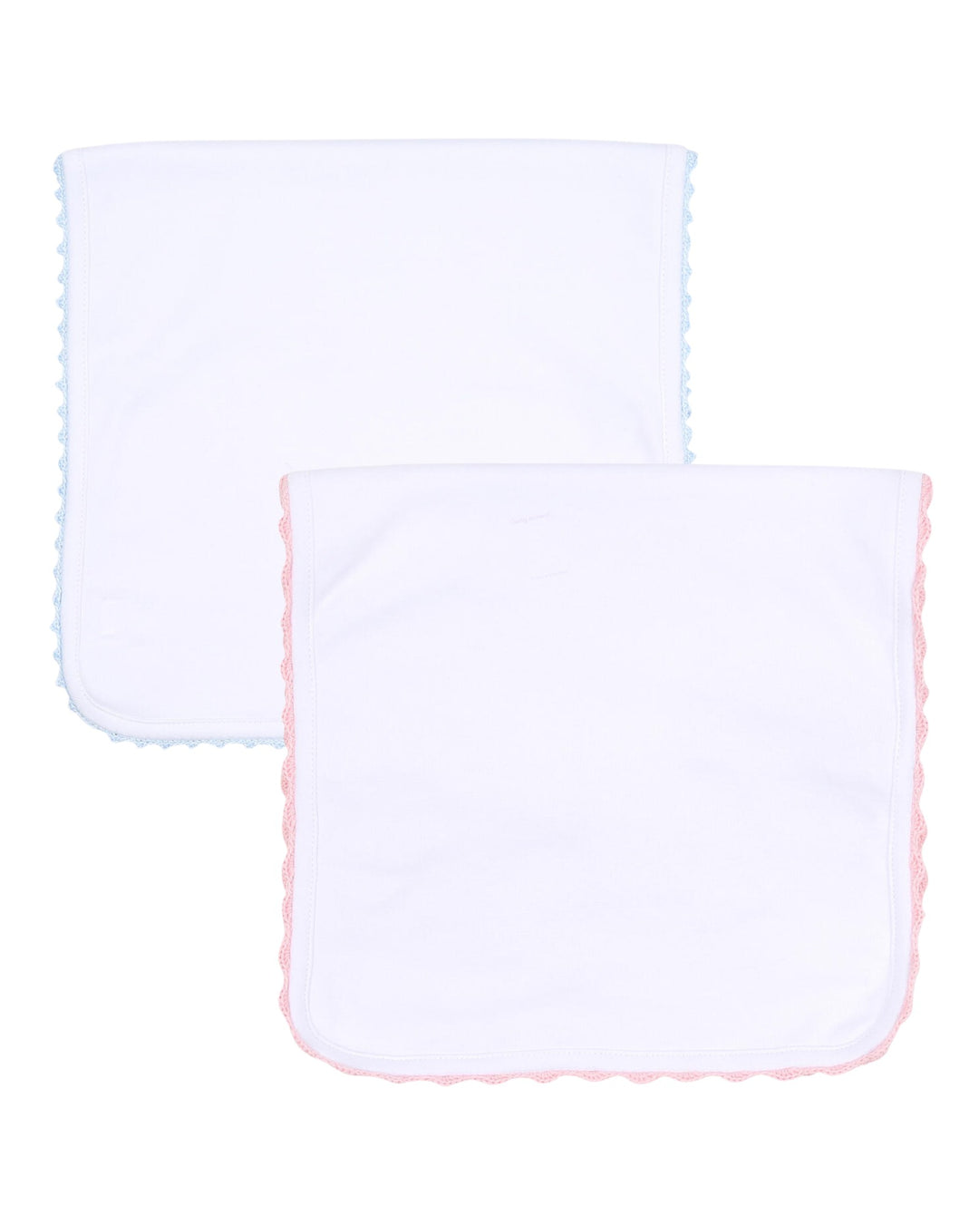 Two white baby blankets with pink edges on a white background