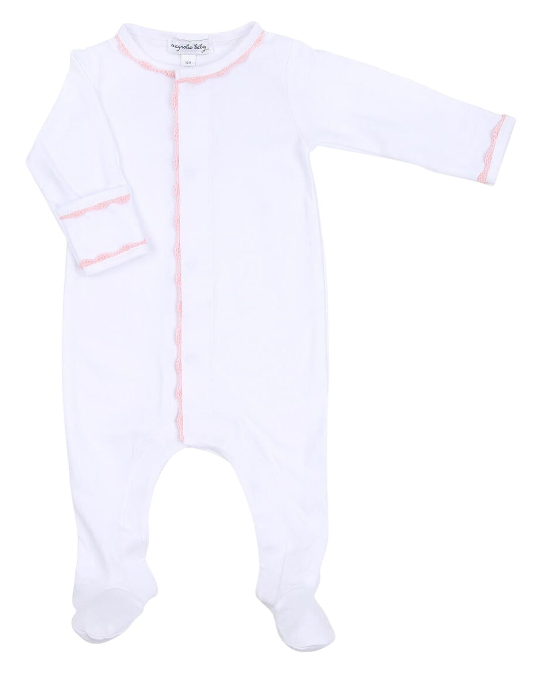 White baby onesie with pink accents on a white background
