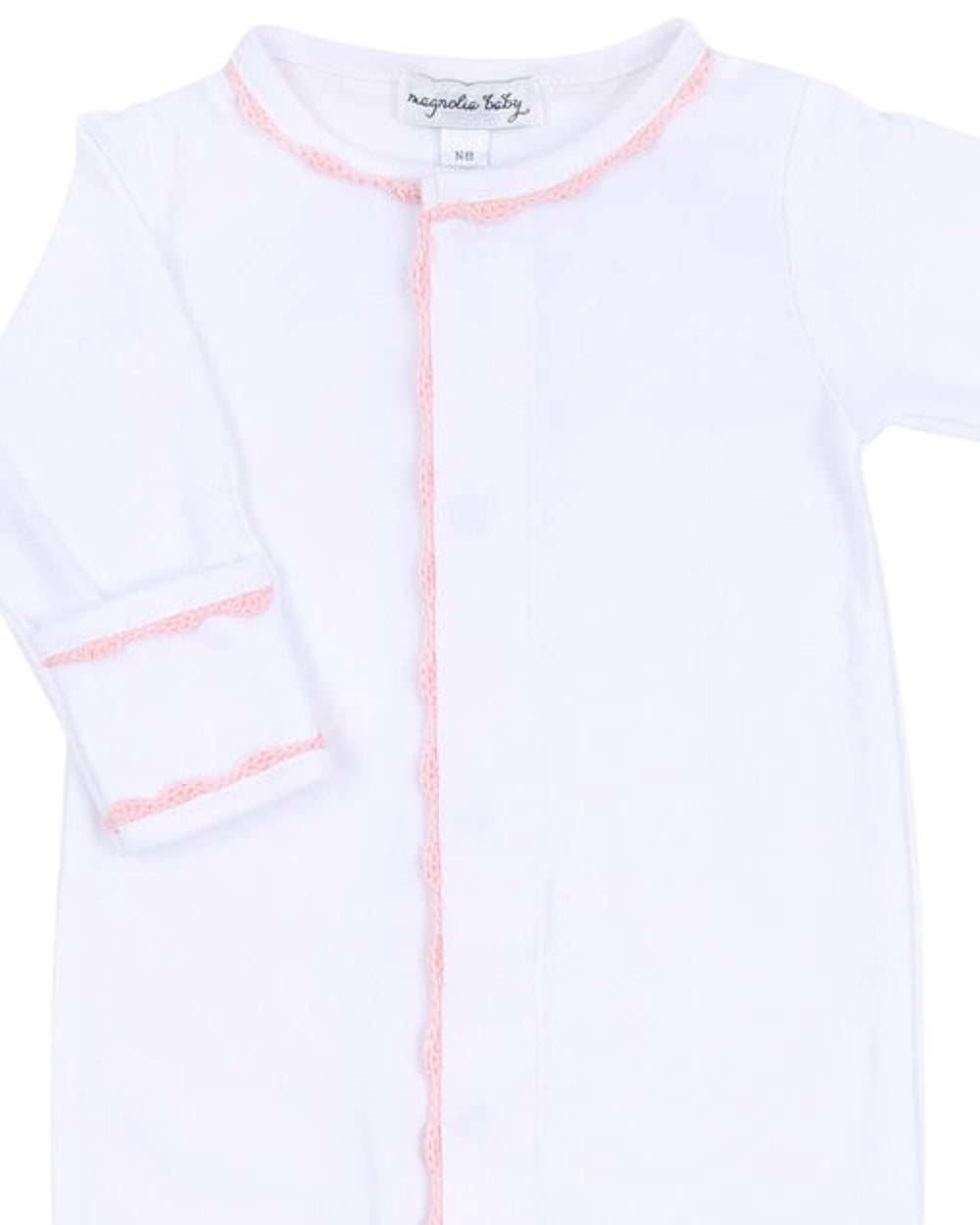 White baby onesie with pink accents on a white background