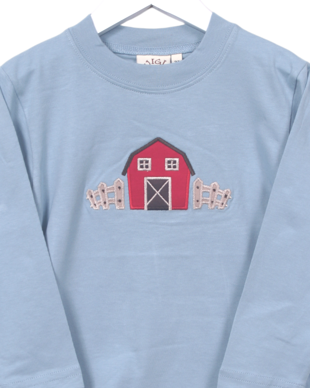 Barn Applique LS Boys Light Steel Tee, close up