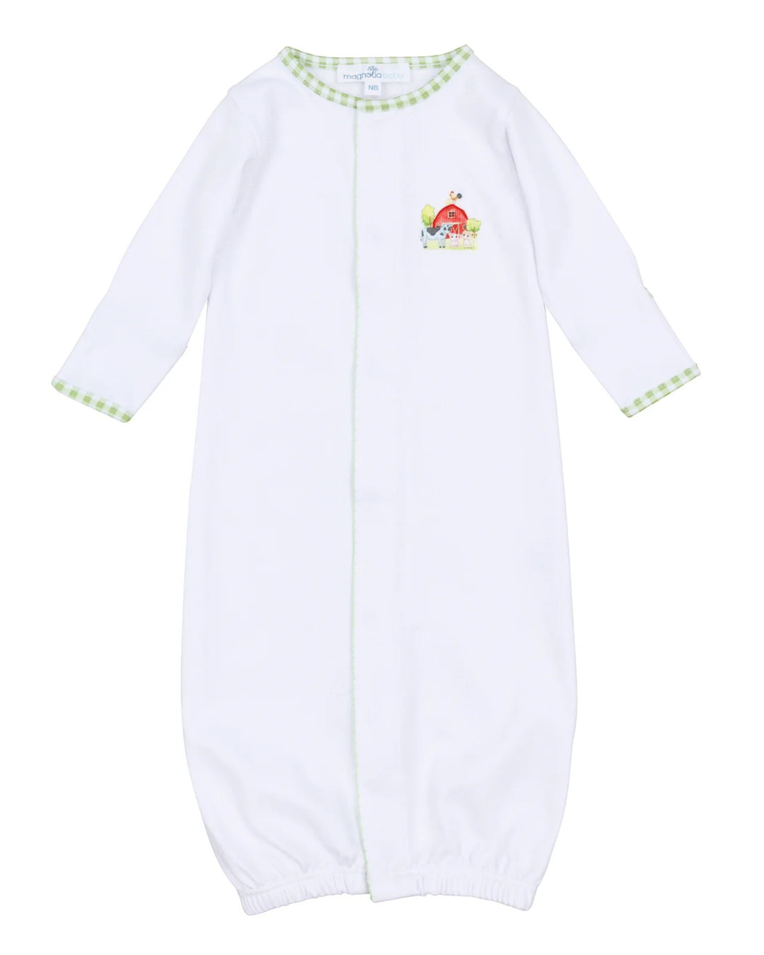 White baby onesie with green trim and a small design on a white background