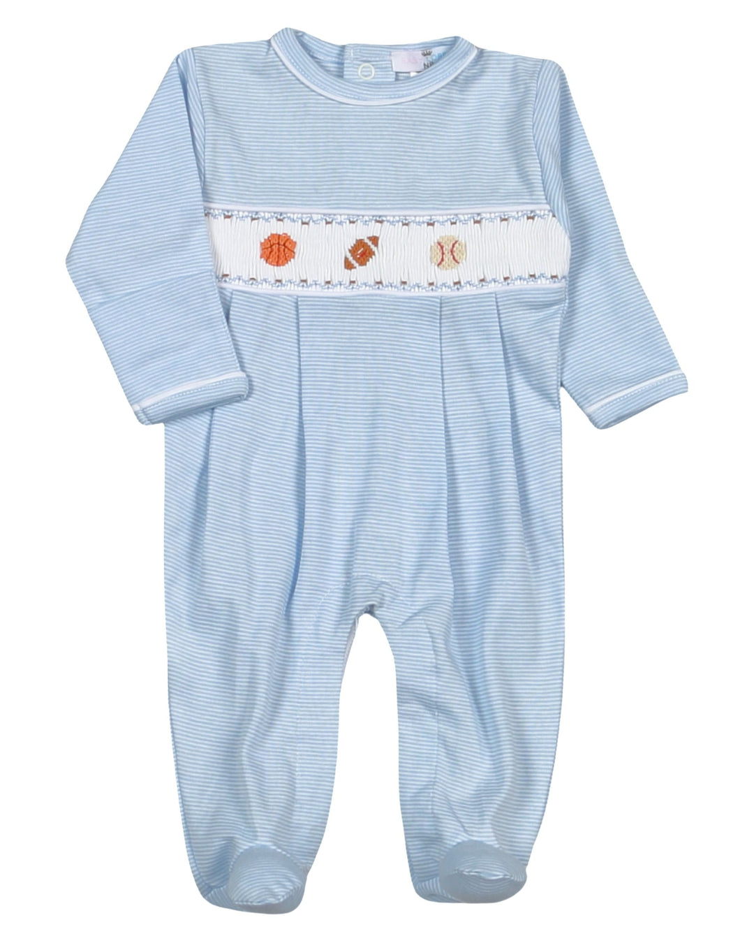 Blue baby romper with white trim and embroidered details on a white background