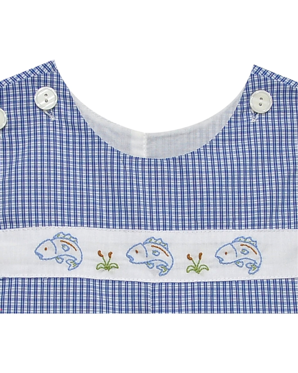 Blue checkered dress with embroidered fish design on a white background