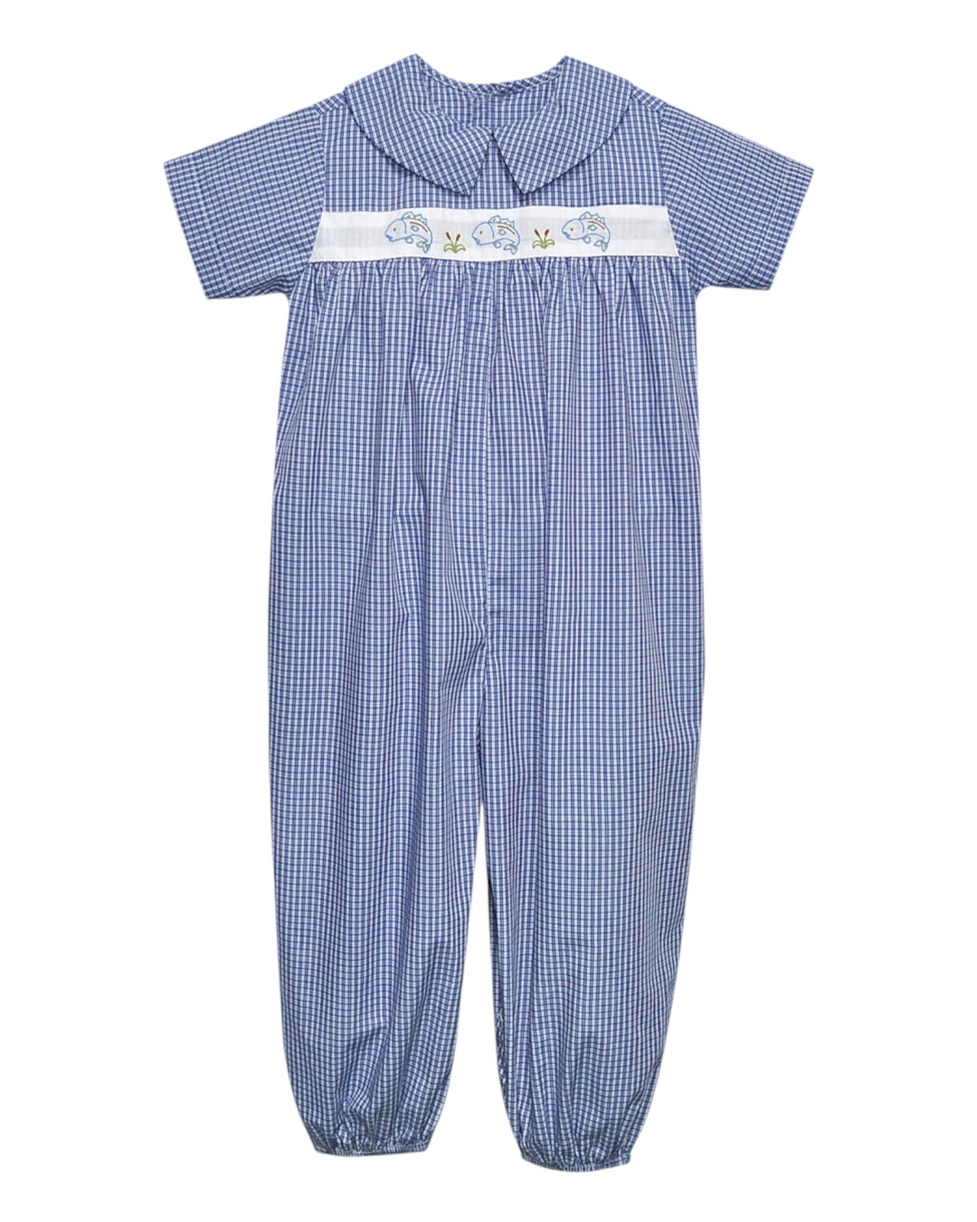 Blue checkered baby romper with embroidered details on a white background