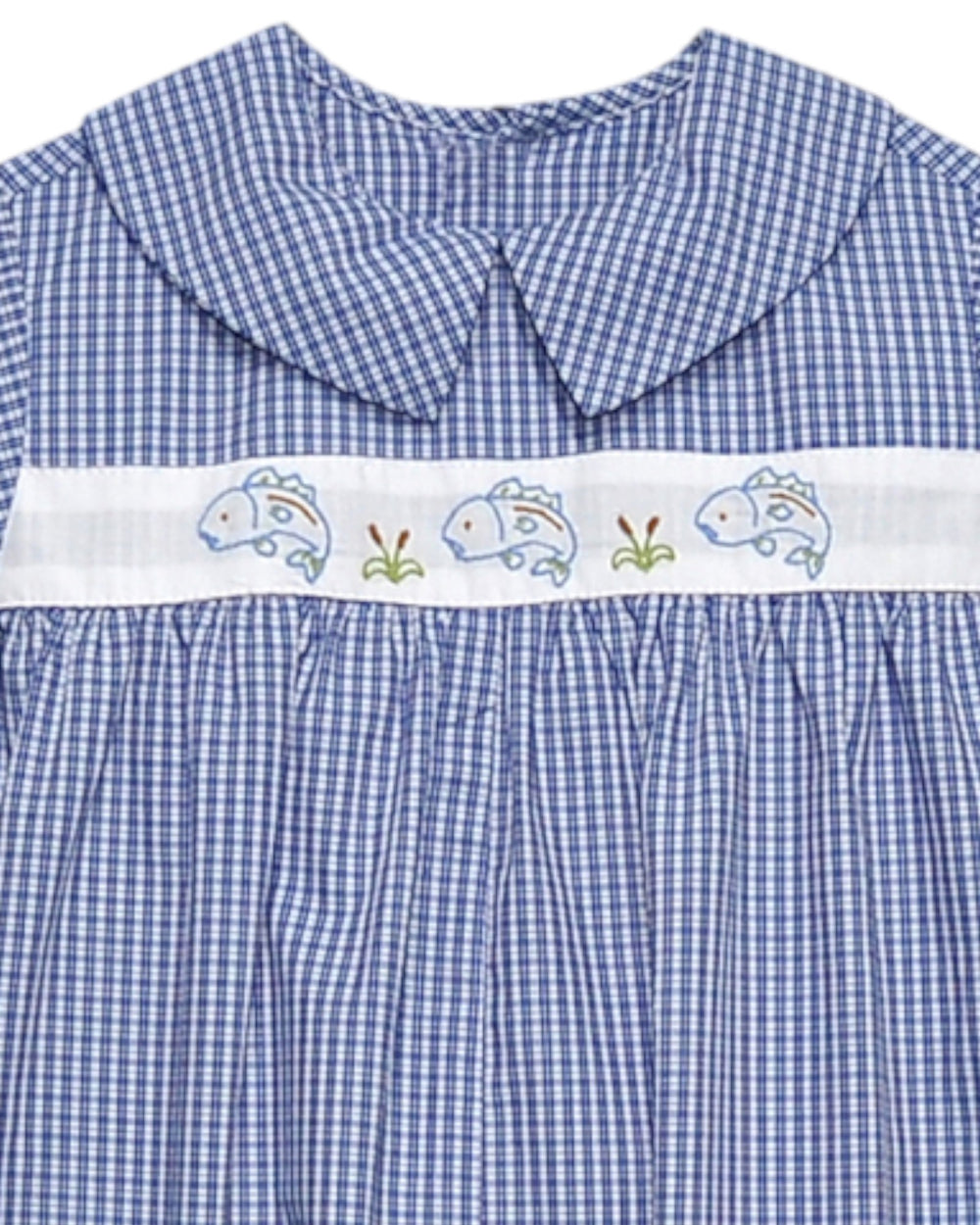 Blue checkered dress with a white belt featuring cartoon fish design