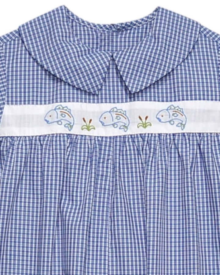 Blue checkered dress with a white belt featuring cartoon fish design
