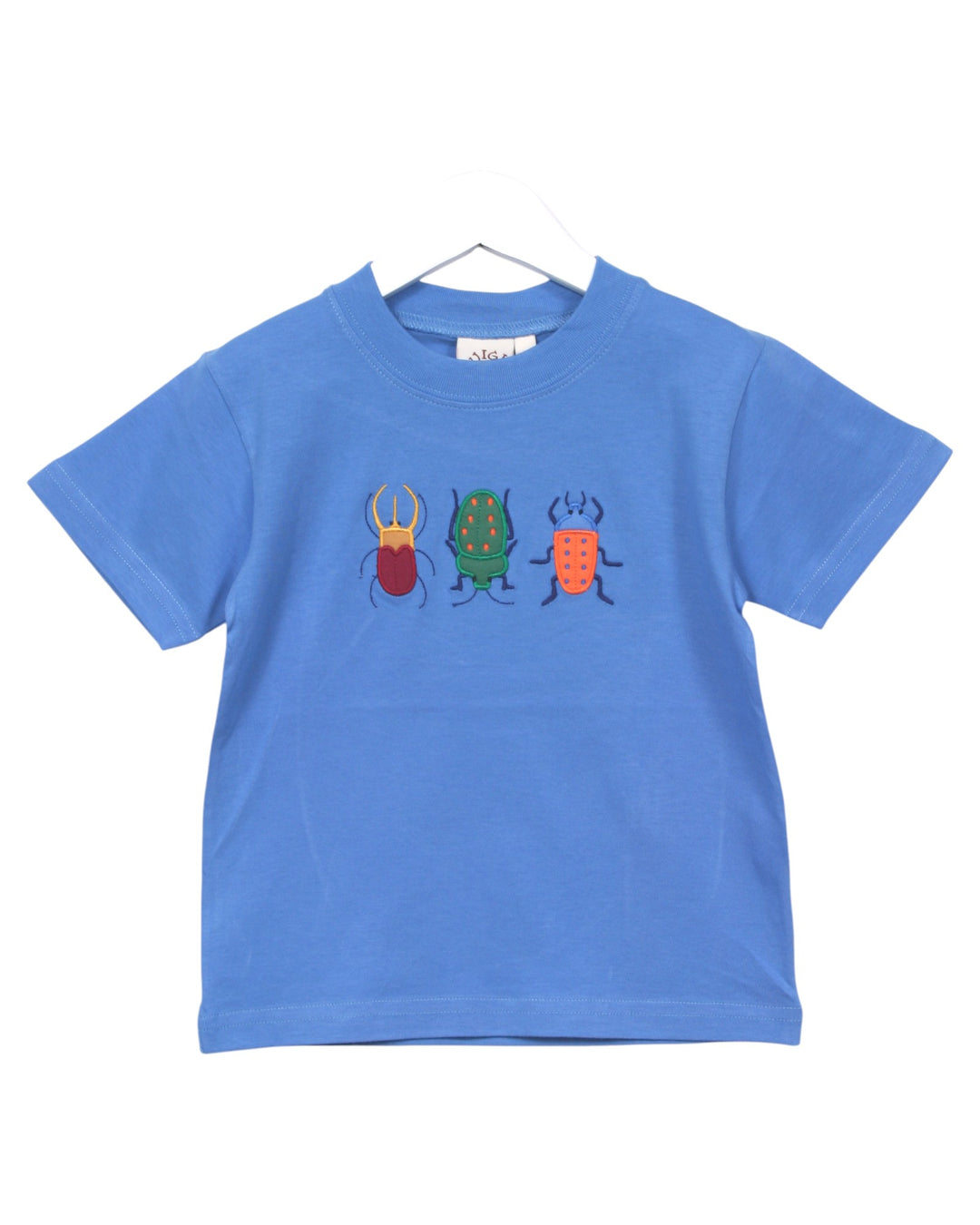 Blue t-shirt with colorful beetle designs on a white background