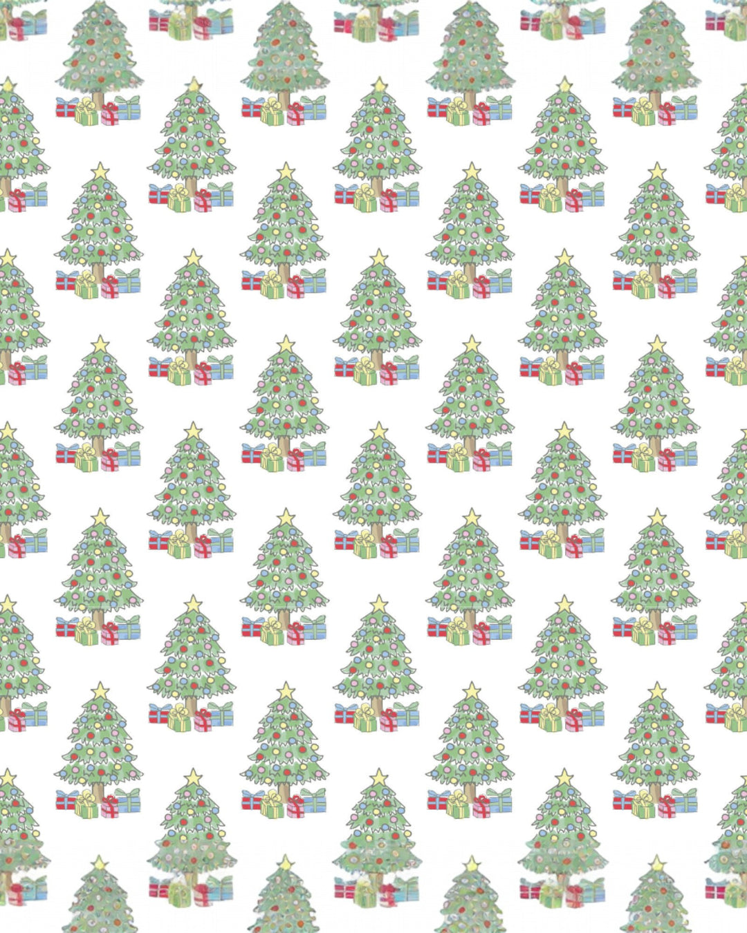 Pattern of Christmas trees with presents on a white background