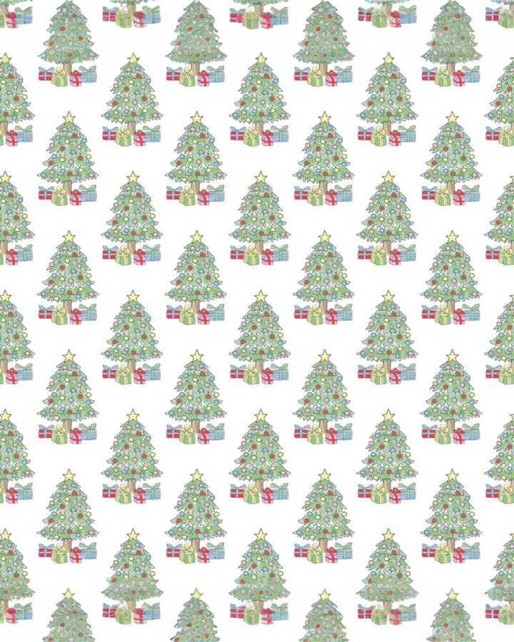 Pattern of Christmas trees with presents on a white background