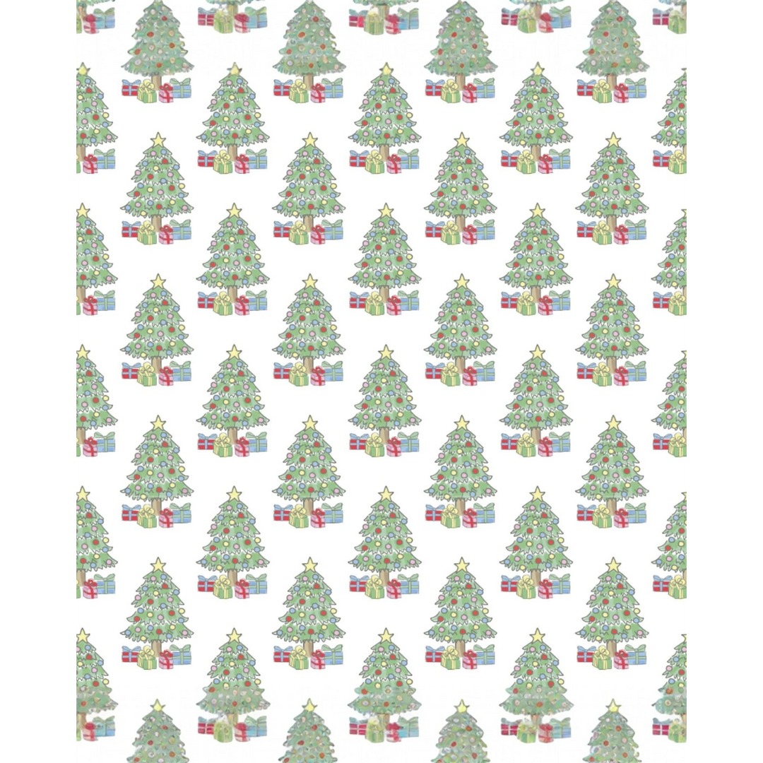 Pattern of Christmas trees with presents on a white background
