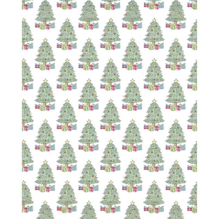 Pattern of Christmas trees with presents on a white background