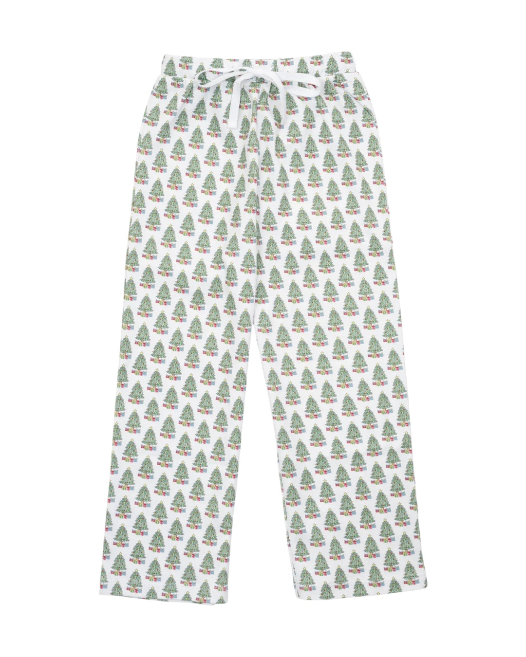 Pajama pants with a Christmas tree pattern on a white background