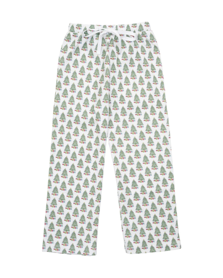 Pajama pants with a Christmas tree pattern on a white background