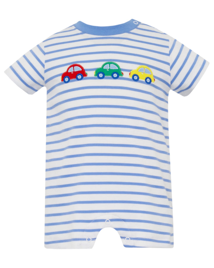 Beep Beep Applique Periwinkle Stripe Boys Romper, front