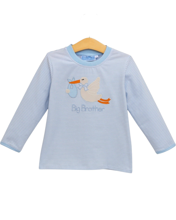A light blue and white striped long-sleeve baby t-shirt with a cartoon stork graphic and the text &