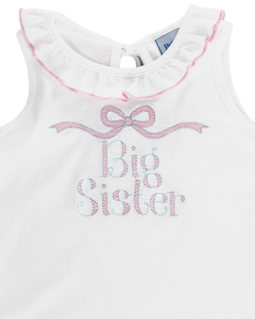 Big Sister Embroidered Girls White Tee, That Stotre, close up