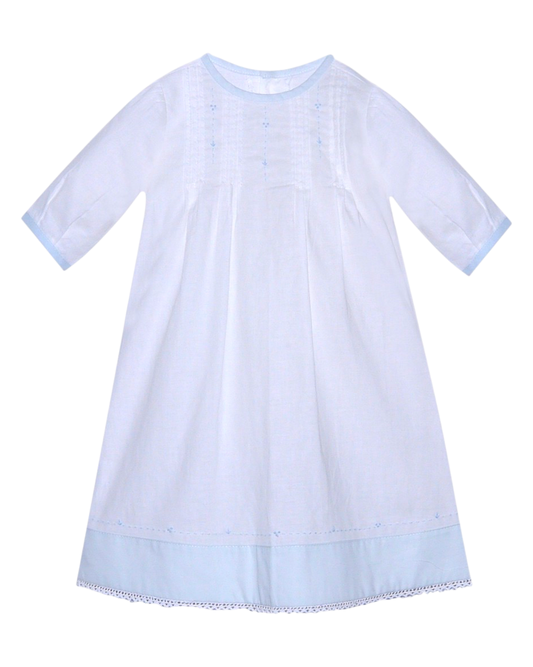 Light blue dress with lace trim on a white background