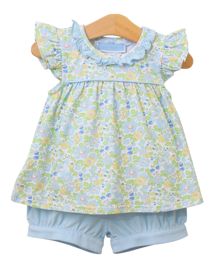 Blooming Floral Blue Ruffle Girls Bloomer Set, That Store, front
