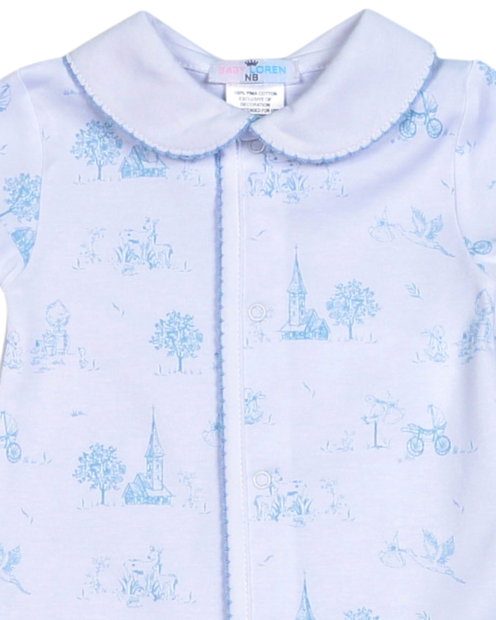 A baby's short-sleeve footless sleeper in light lavender with a blue toile-style print of trees, steeches, and bicycles, featuring a scalloped Peter Pan collar.