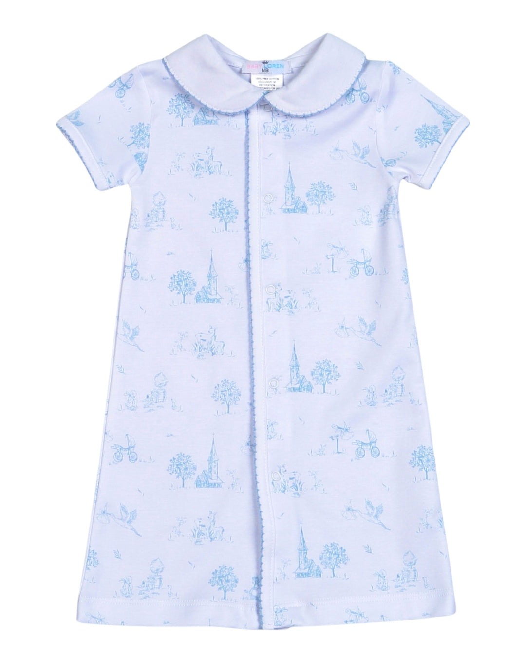 A baby girl's short-sleeve nightdress in white with a light blue toile-style print of trees, ciders, and storks, featuring a Peter Pan collar, that store