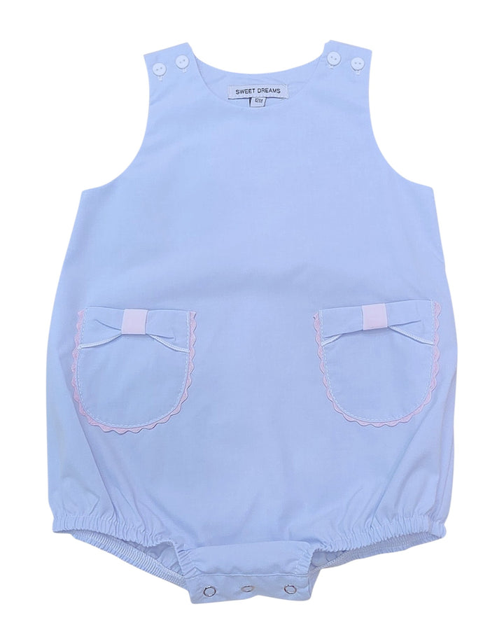 Light blue baby romper with pink stitching on a white background