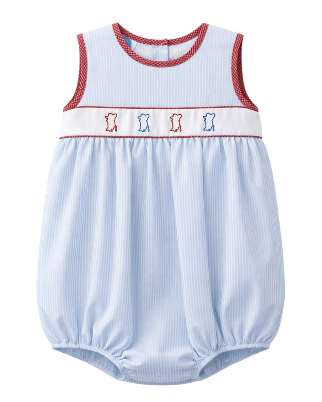 Baby romper with blue and red pattern on a white background