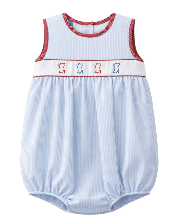 Baby romper with blue and red pattern on a white background