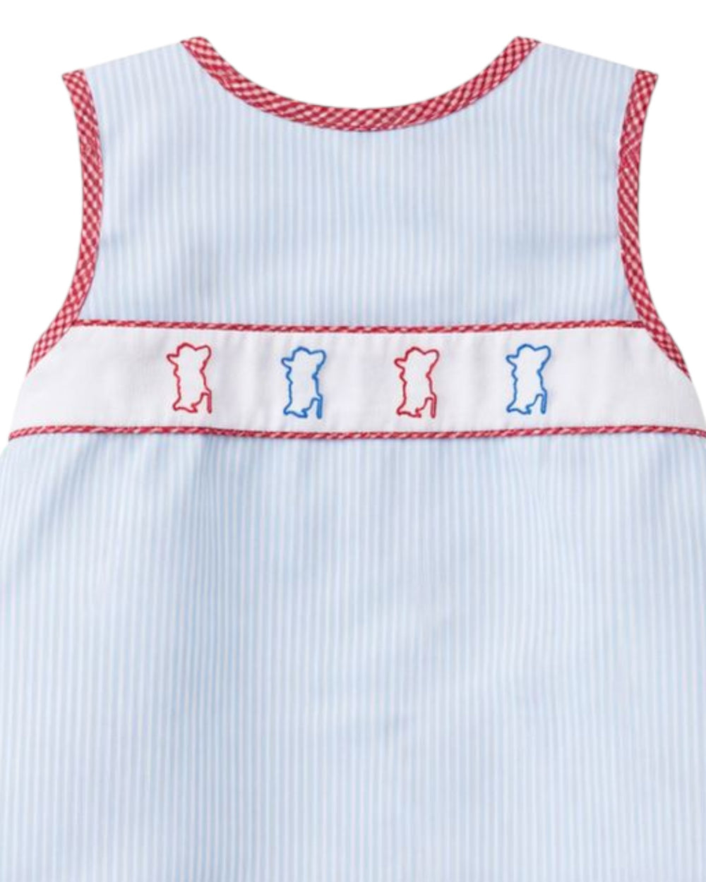 Light blue sleeveless dress with red trim and embroidered bears on a white background