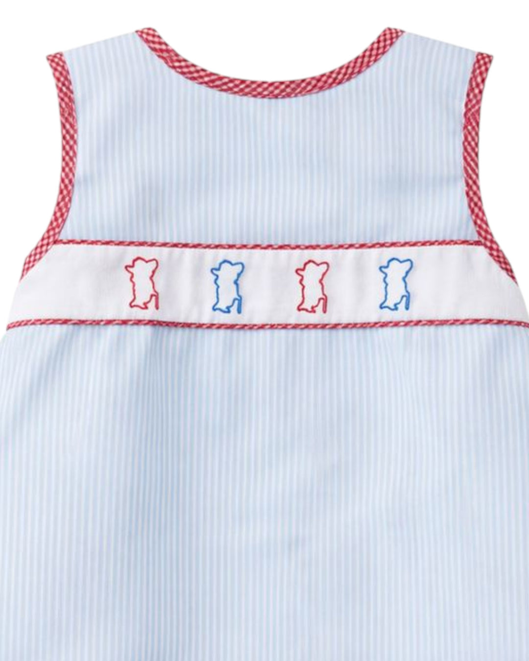 Light blue sleeveless dress with red trim and embroidered bears on a white background