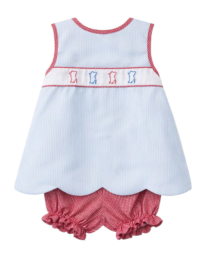 Baby dress with red and white checkered trim and ruffled bloomers on a white background