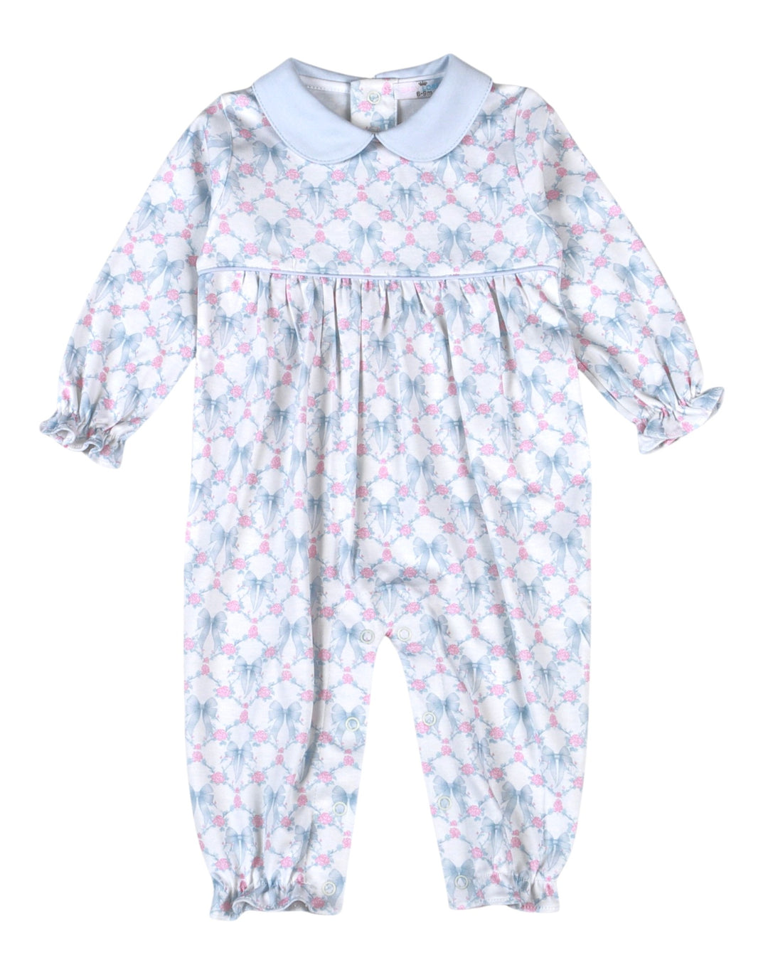 A baby long-sleeve romper with a light blue Peter Pan collar, featuring a delicate pink and blue floral pattern on a white base, with elasticized cuffs and ankles, that store