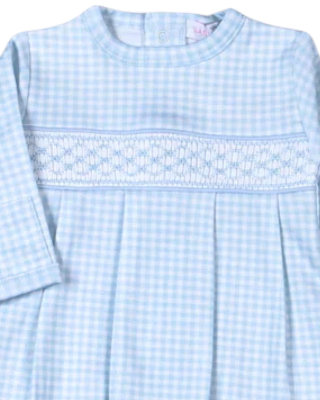 A light blue and white gingham long-sleeve baby dress with a smocked chest panel, that store