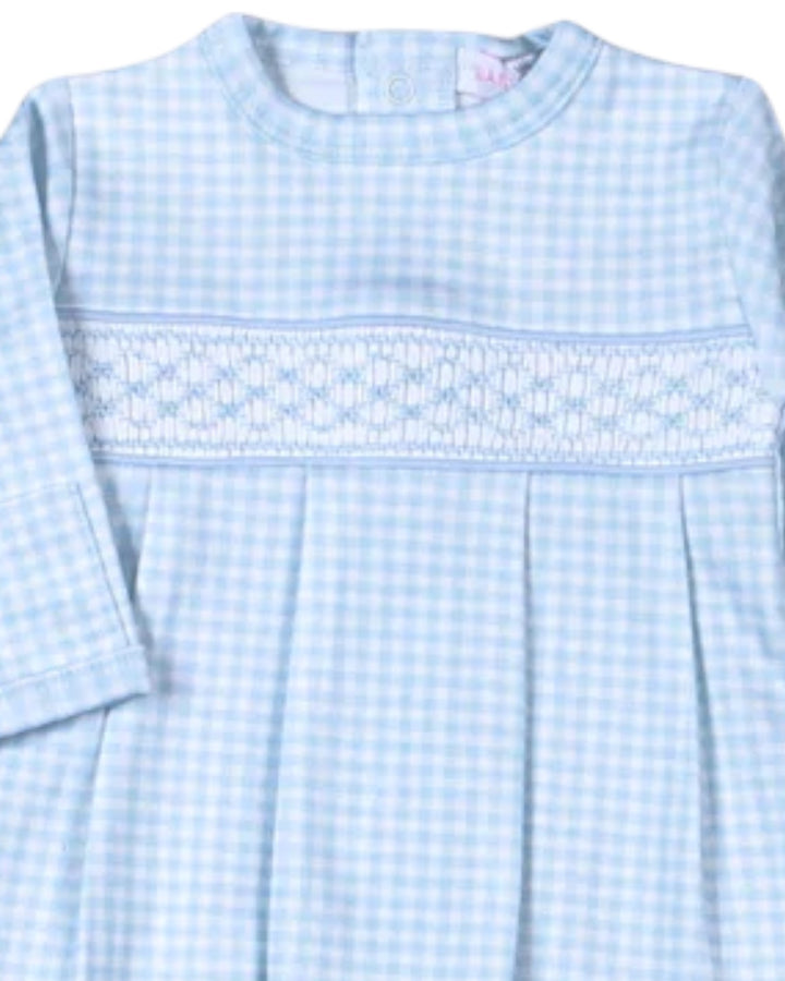 A light blue and white gingham long-sleeve baby dress with a smocked chest panel, that store
