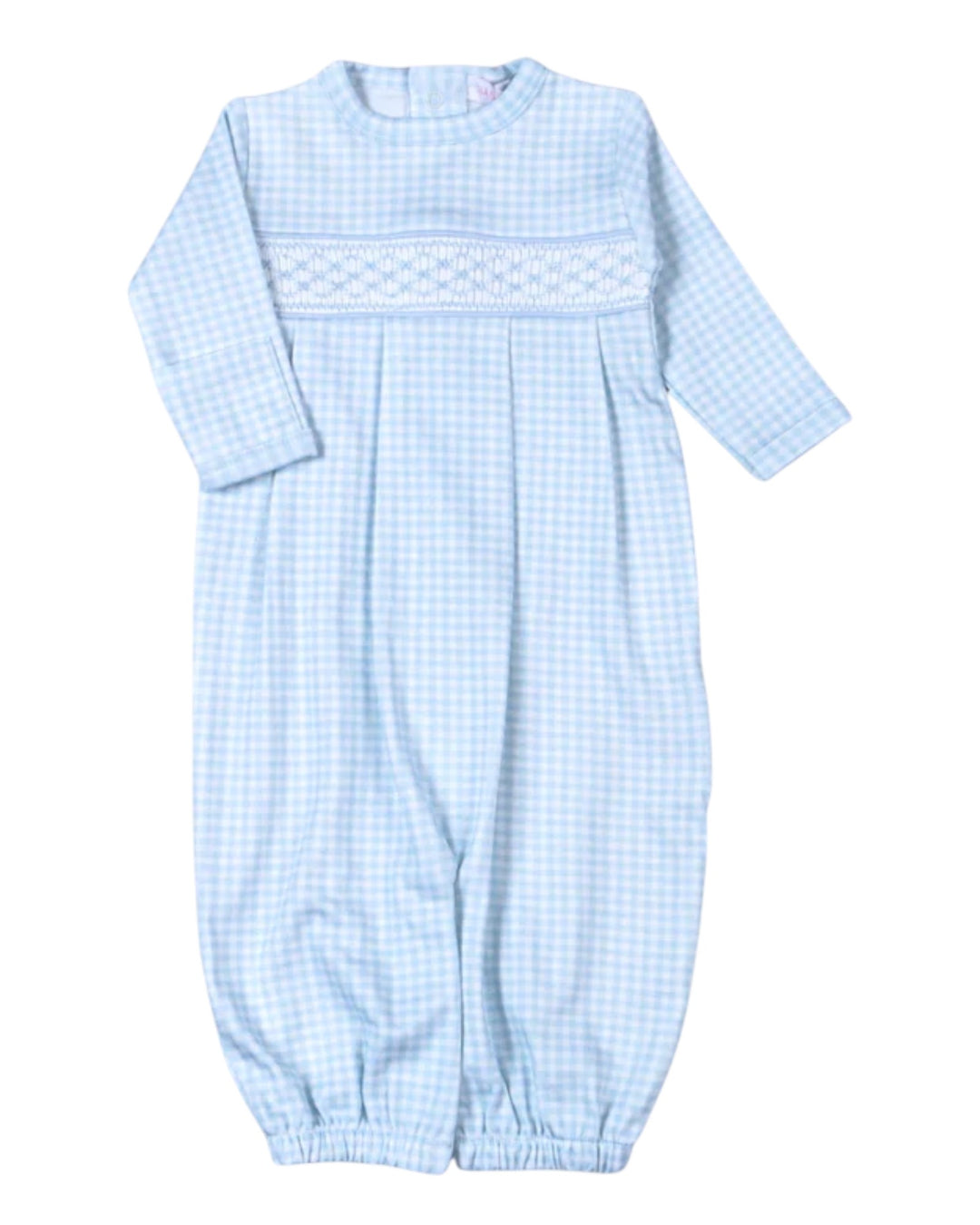 A baby long-sleeve romper in a light blue and white gingham pattern, featuring a decorative smocked chest panel, that store