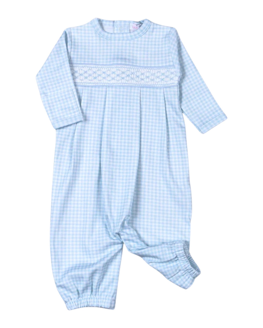 A baby long-sleeve footed romper in a light blue and white gingham pattern, featuring a smocked chest panel with a white floral design, that store