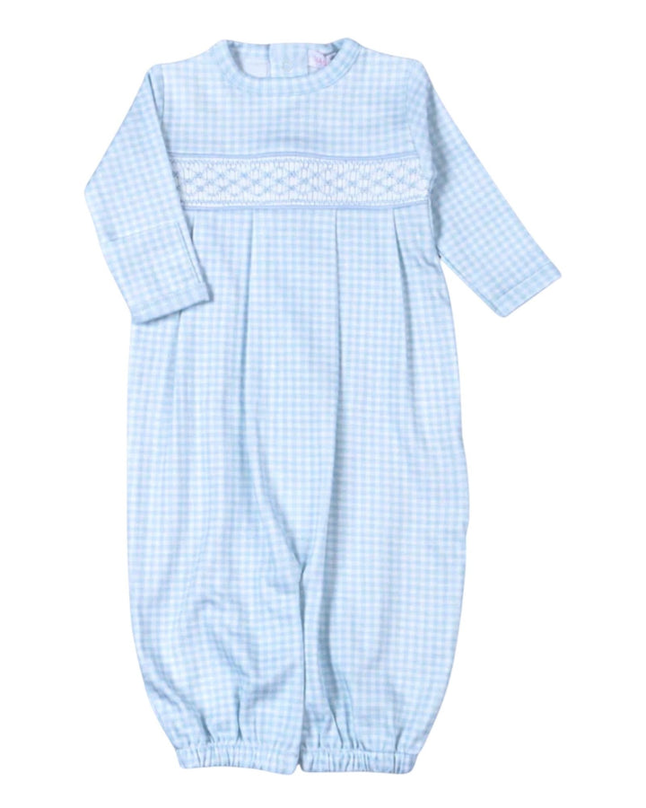 A baby long-sleeve romper in a light blue and white gingham pattern, featuring a decorative smocked chest panel, that store