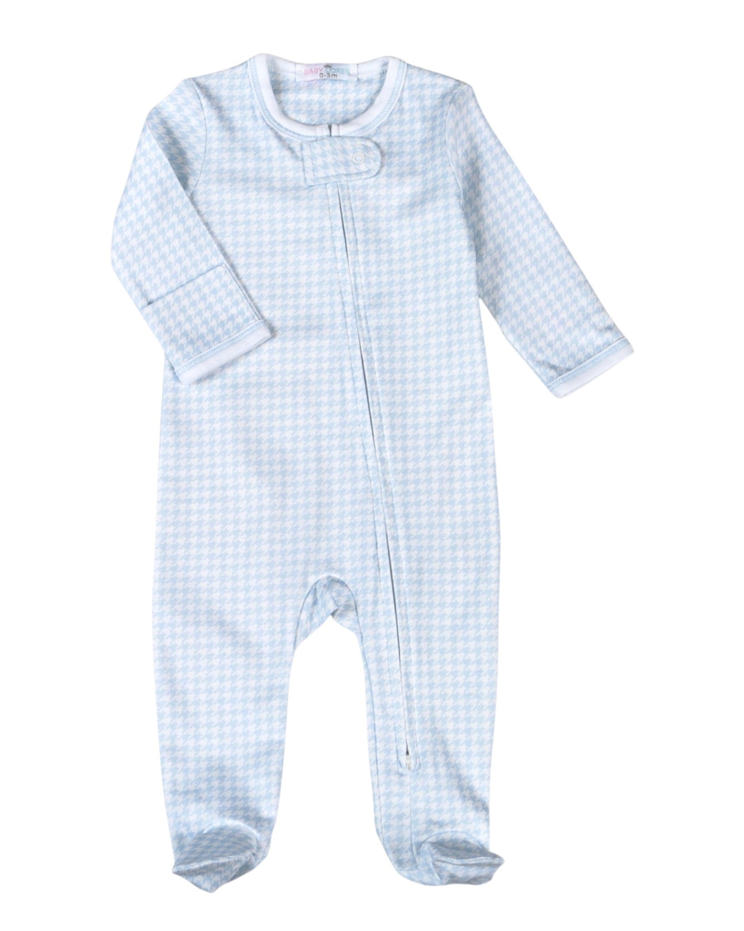 A baby long-sleeve footed sleeper in a light blue and white gingham check pattern, featuring a snap closure at the neck and a front zipper, shown on a plain white background, that store