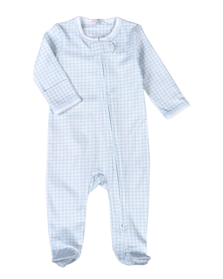 A baby long-sleeve footed sleeper in a light blue and white gingham check pattern, featuring a snap closure at the neck and a front zipper, shown on a plain white background, that store