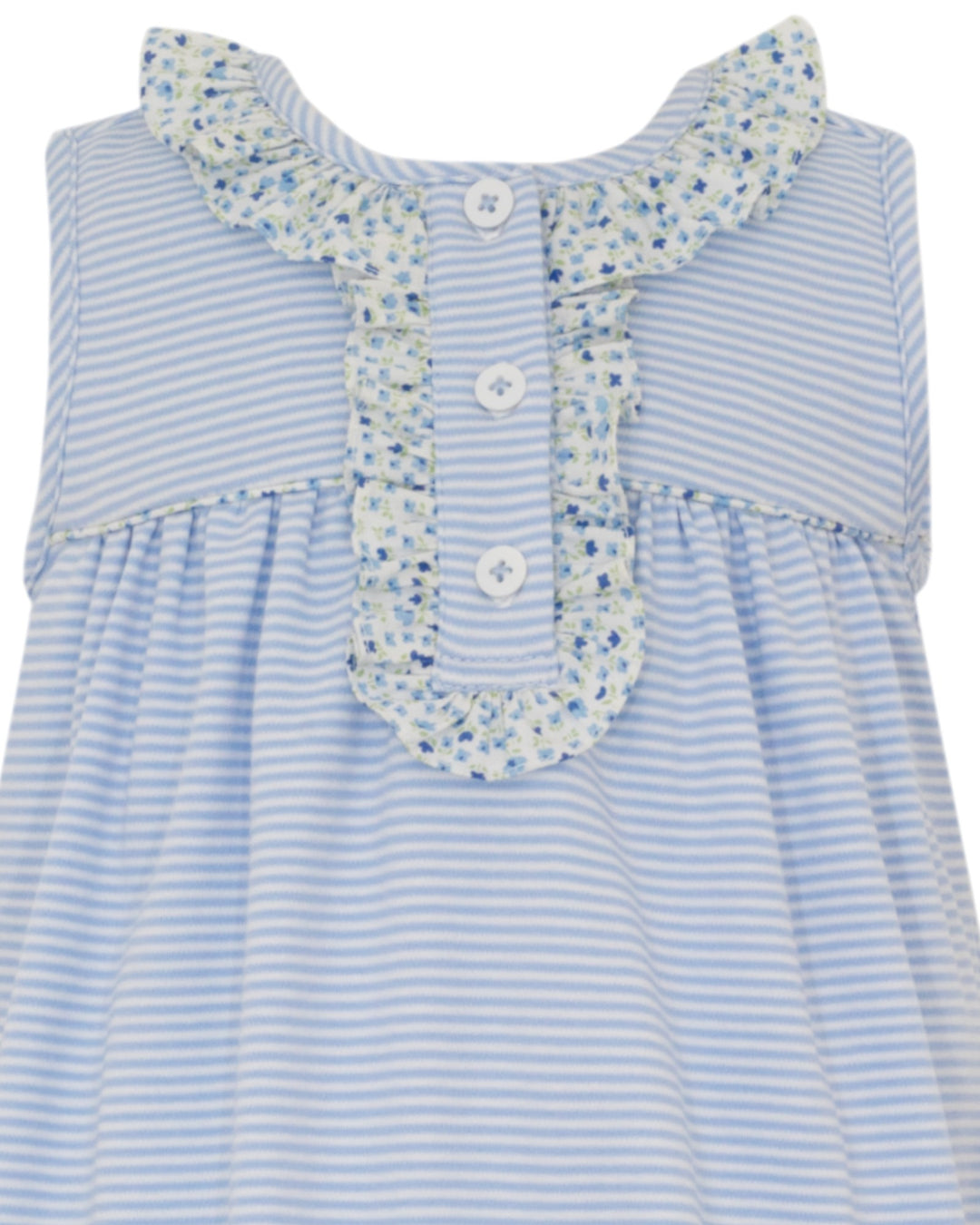 Blue Knit Stripe Sleeveless Bloomer Set with Blue Floral Trim Ruffles, that store, close